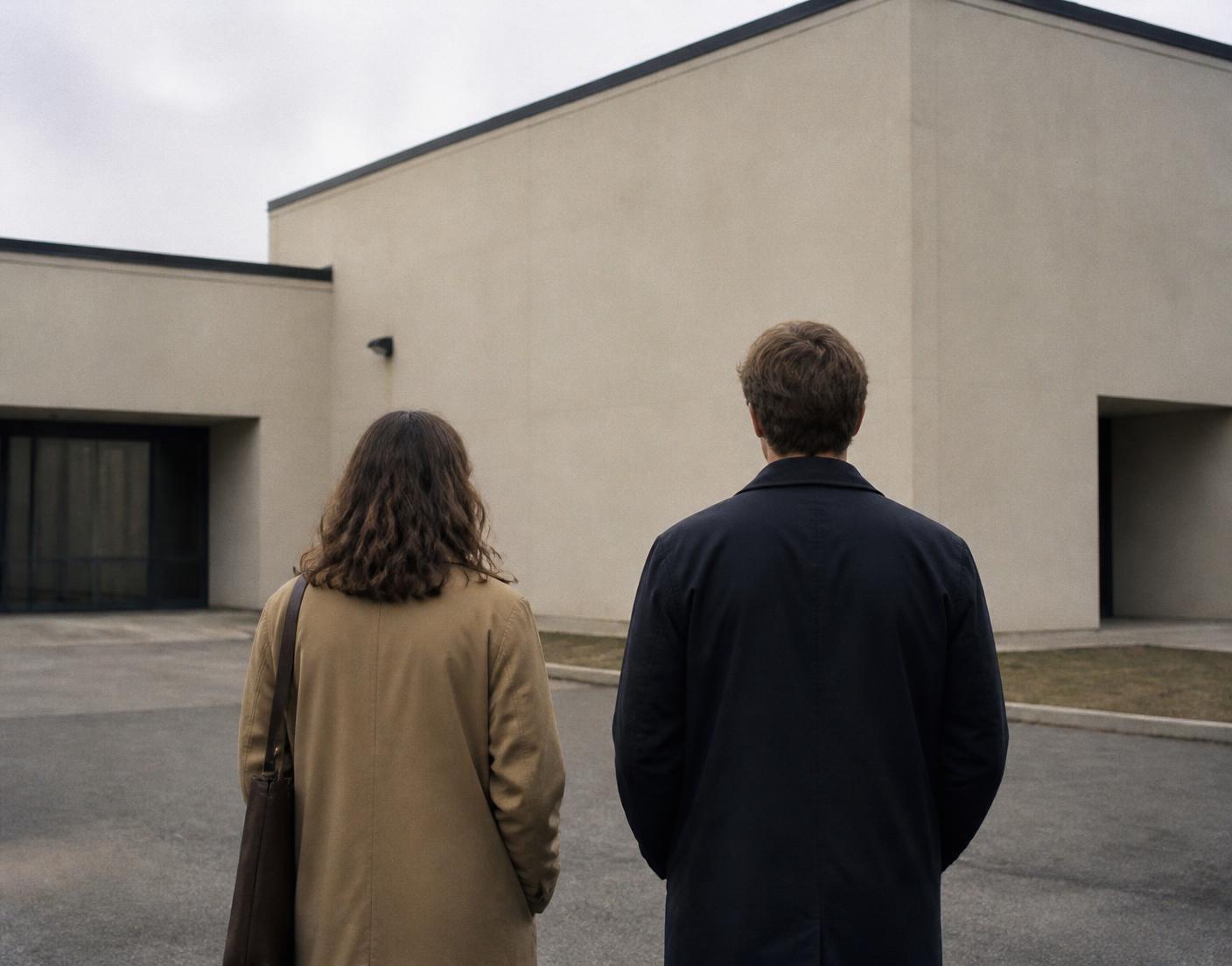 Two people seen from behind outside a plain building in daylight