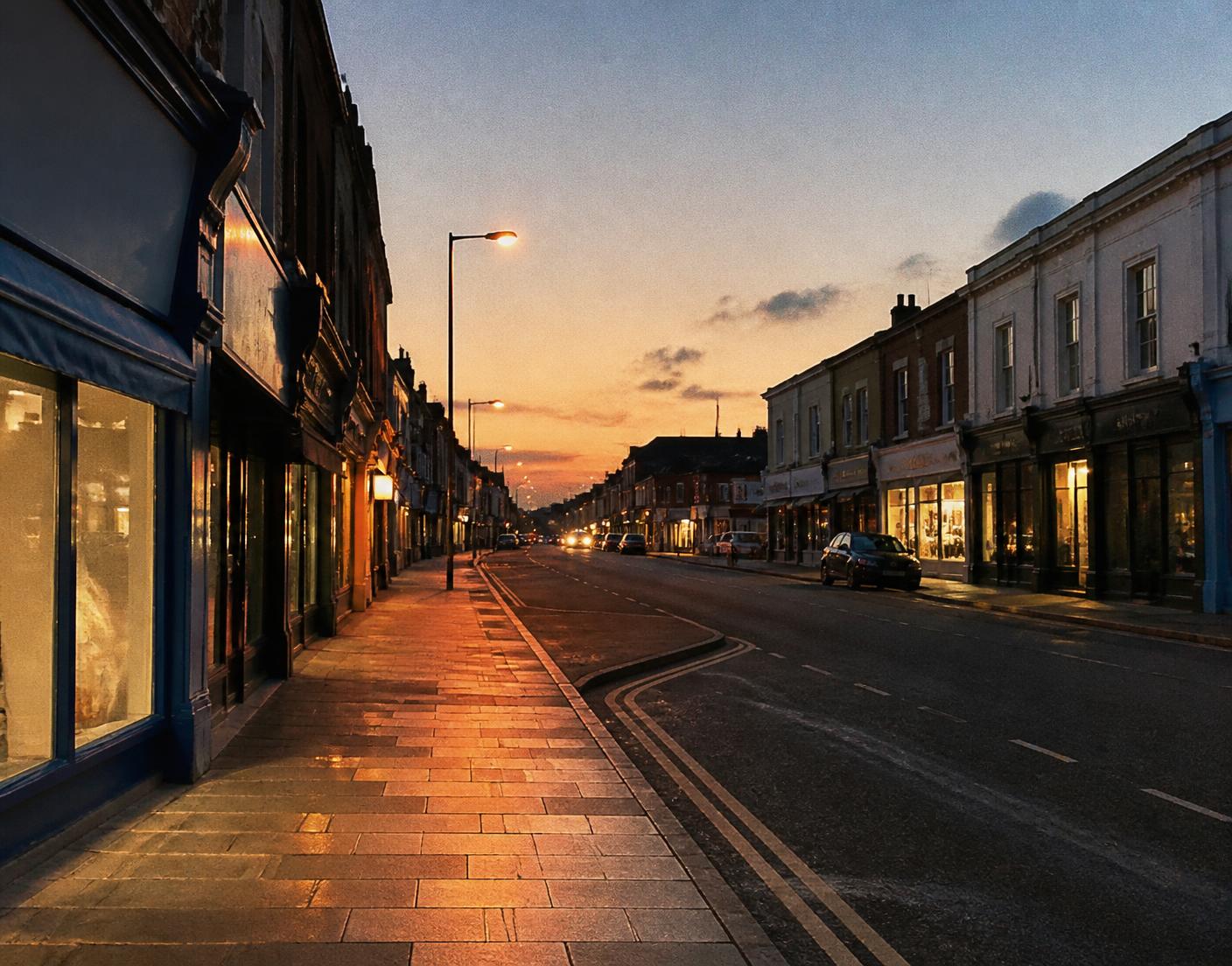 A quiet high street at dusk with unbranded shopfronts