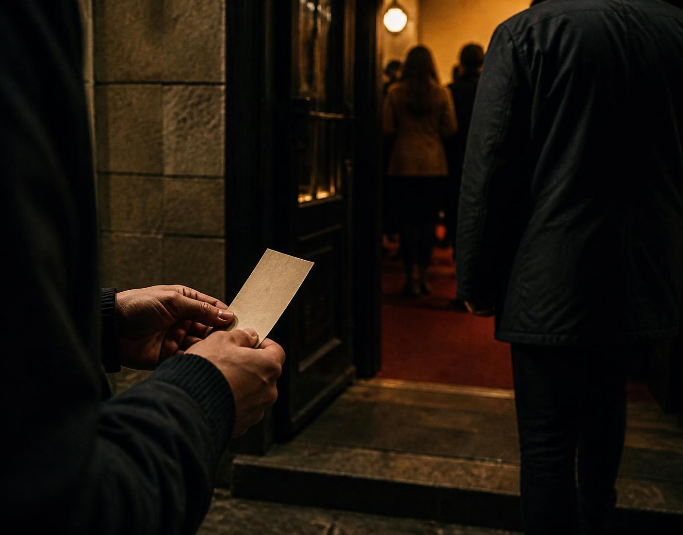 Hands holding a plain paper ticket at a lit venue doorway