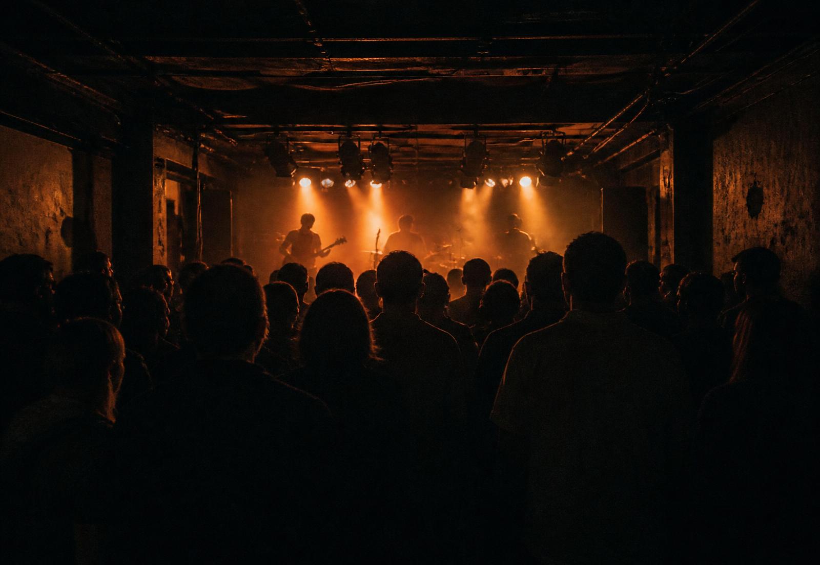 Silhouetted crowd facing a small stage lit in warm amber light
